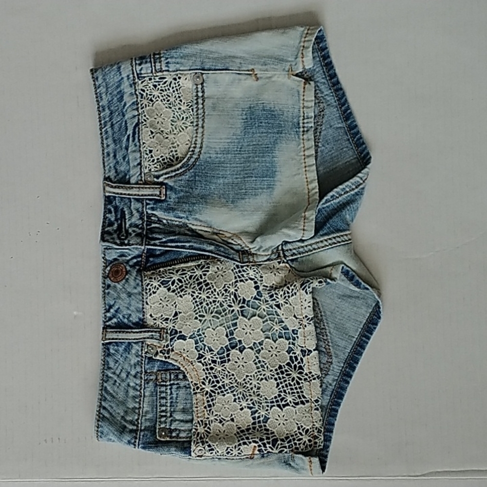 American Eagle Outfitters "Shortie" Denim Lace Shorts sz 00 - Picture 2 of 10